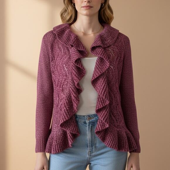 Vtg Y2K Carolyn Taylor Pink Marled Ruffle Cardigan Open Knit Shawl Collar Sz 2X - Picture 1 of 7